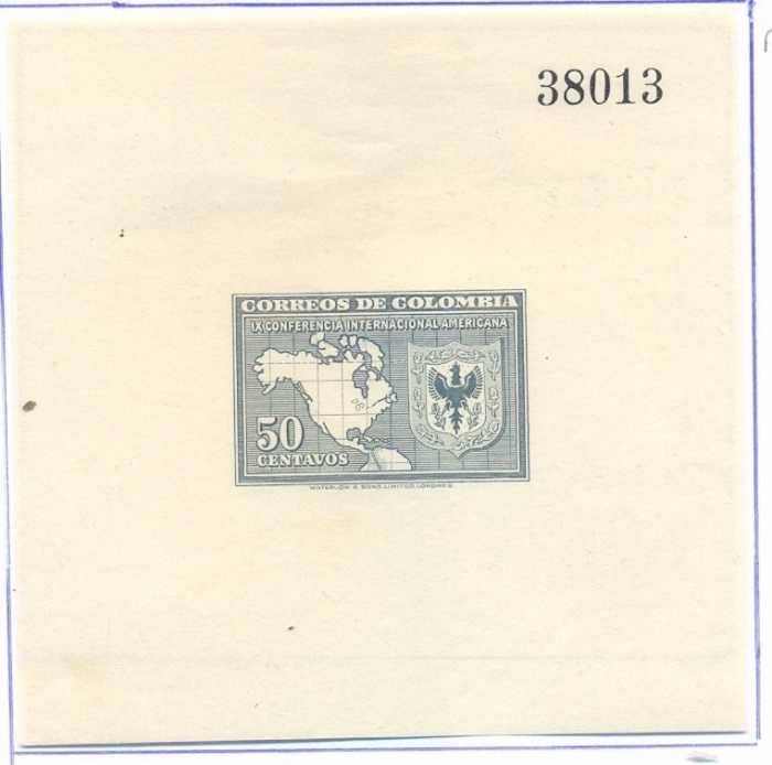 (№1948-2) Блок марок Колумбия 1948 год &quot;Карта Северной и Центральной Америки герб Bogotaacute&quot;, Гаше